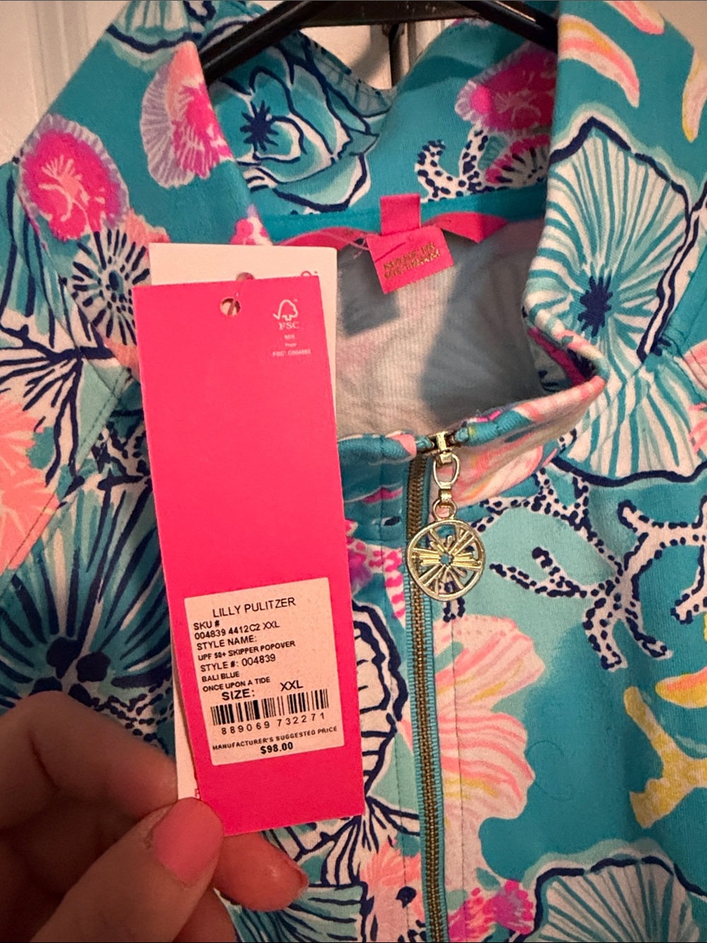 Lilly Pulitzer Teal Floral Half-Zip Popover with Pink Accents - Picture 2 of 3